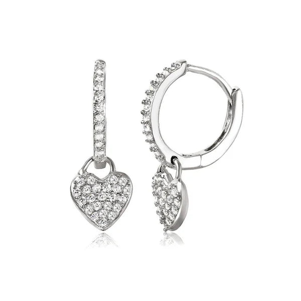 925 Sterling Silver Rhodium Plated  Hoop with Hanging Heart Earrings