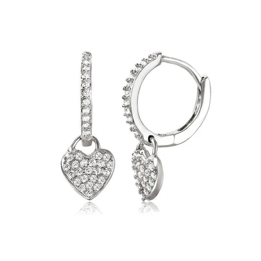 925 Sterling Silver Rhodium Plated  Hoop with Hanging Heart Earrings
