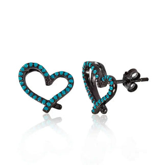 925 Sterling Silver Black Rhodium Plated Open Heart Stud Earrings With Synthetic Turquoise Stone