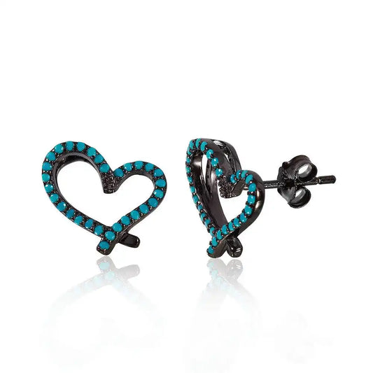 925 Sterling Silver Black Rhodium Plated Open Heart Stud Earrings With Synthetic Turquoise Stone