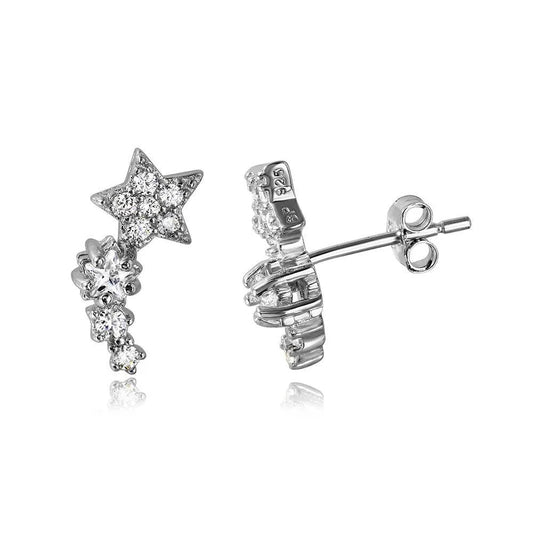 925 Sterling Silver Rhodium Plated Climbing Star CZ Stud Earrings