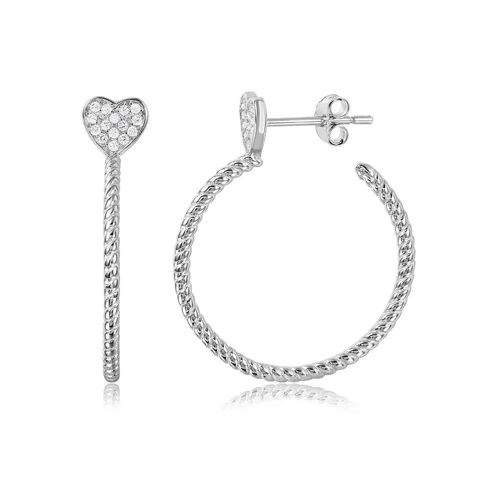925 Sterling Silver Rhodium Plated Rope Designed Semi Hoop Earrings on a CZ Heart
