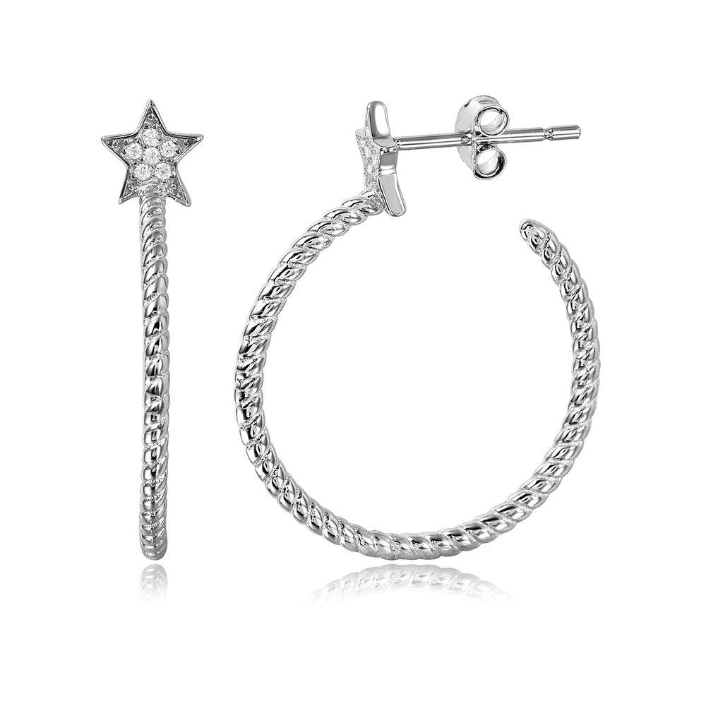 925 Silver Rhodium Plated Rope Designed Semi Hoop Earrings on a CZ Star