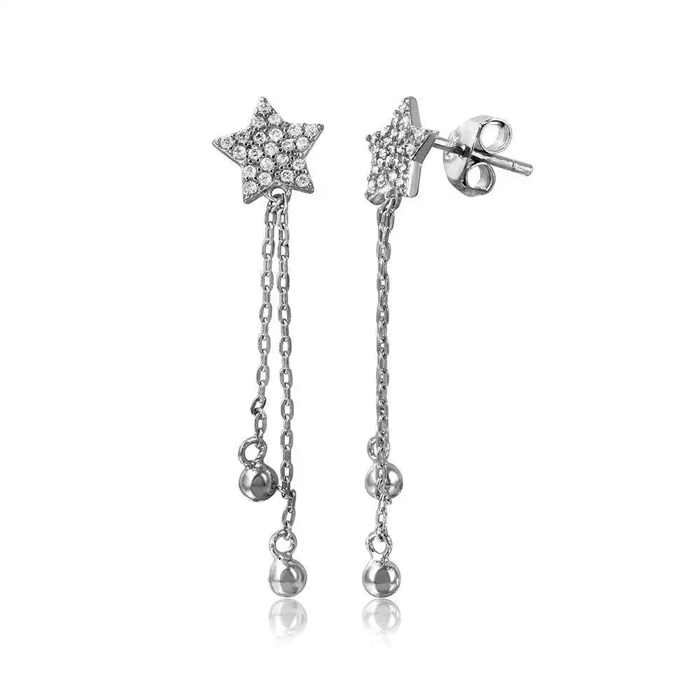 925 Sterling Silver Rhodium Plated CZ Star with Hanging Strands Earrings