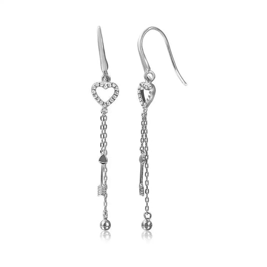 925 Sterling Silver Rhodium Plated Fish Hanging Heart with Strands Dangling Earrings
