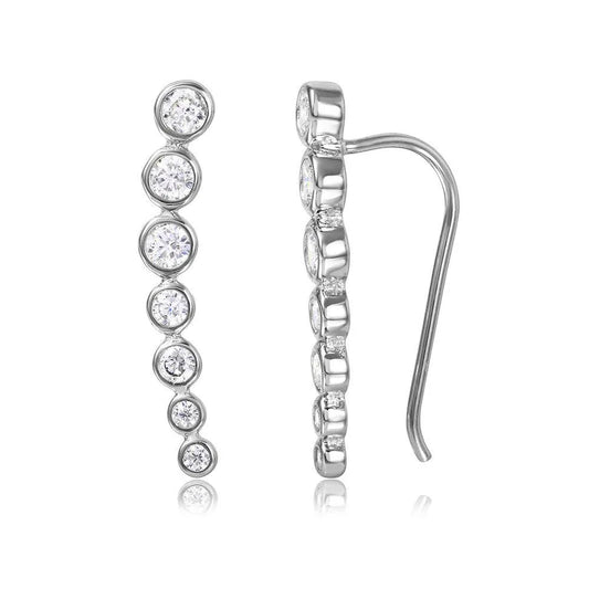 925 Sterling Silver Rhodium Plated Graduated Round CZ Climbing Earrings