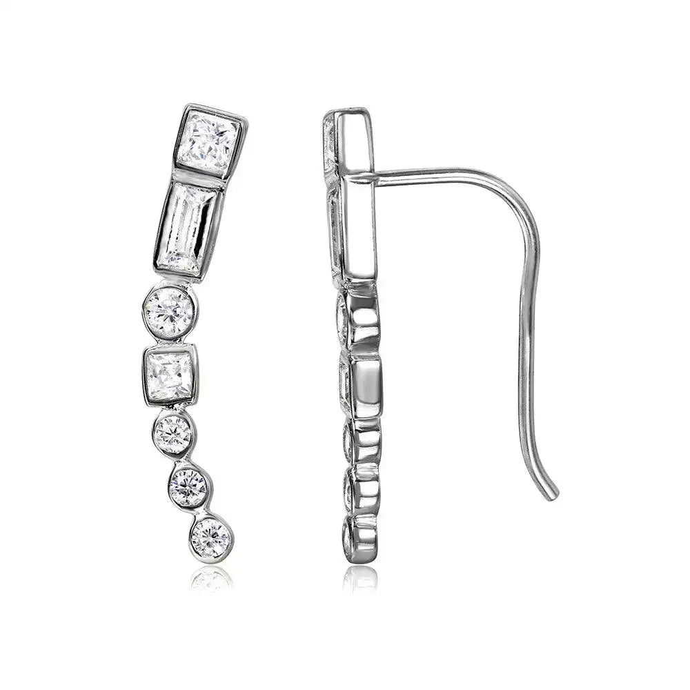 925 Sterling Silver Rhodium Plated Baguette and Round CZ Climbing Earrings