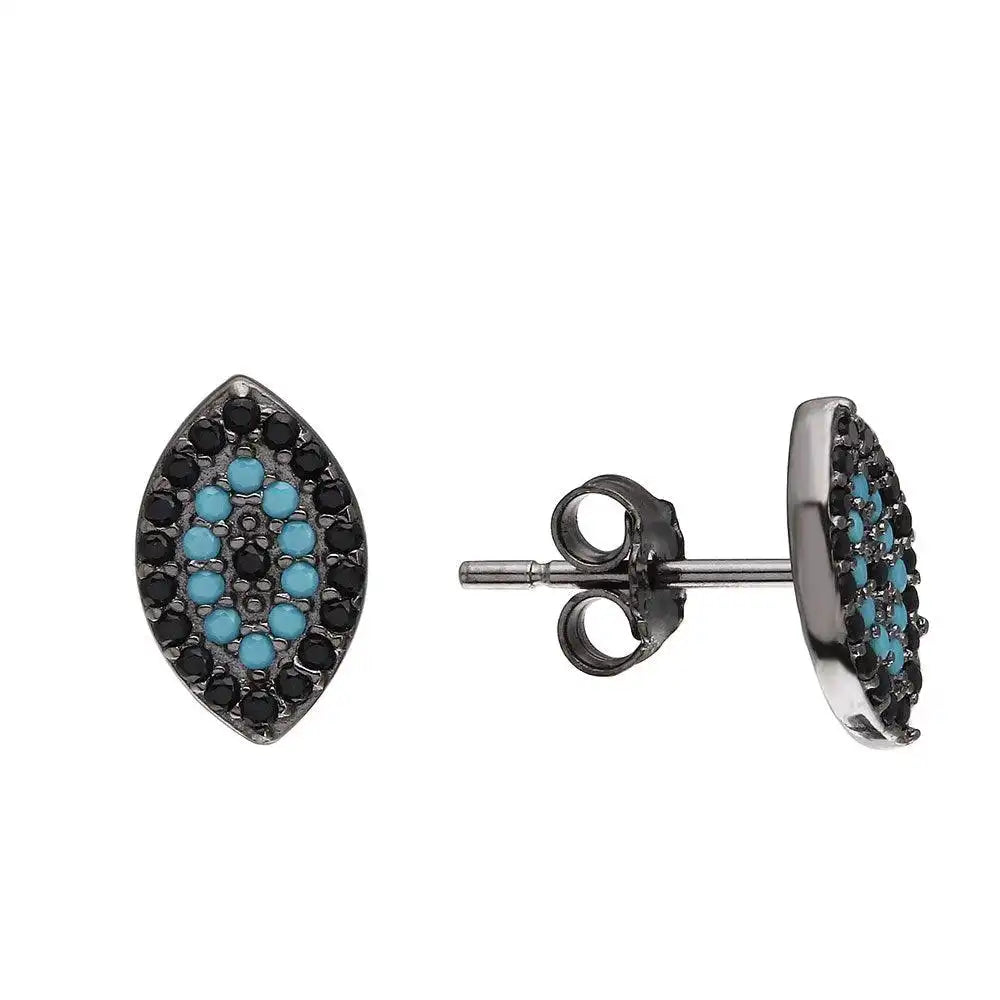 925 Sterling Silver Black Rhodium Plated Evil Eye Earrings with Black CZ and Turquoise Stones