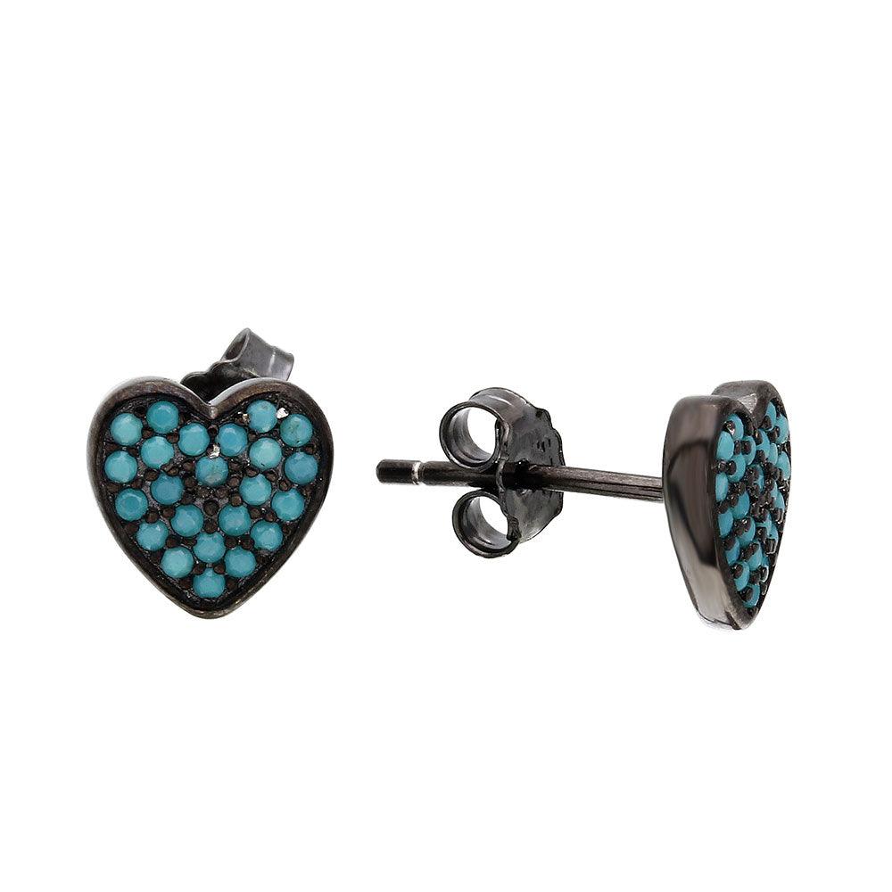 925 Sterling Silver Black Rhodium Plated Heart Earrings with Turquoise Stones