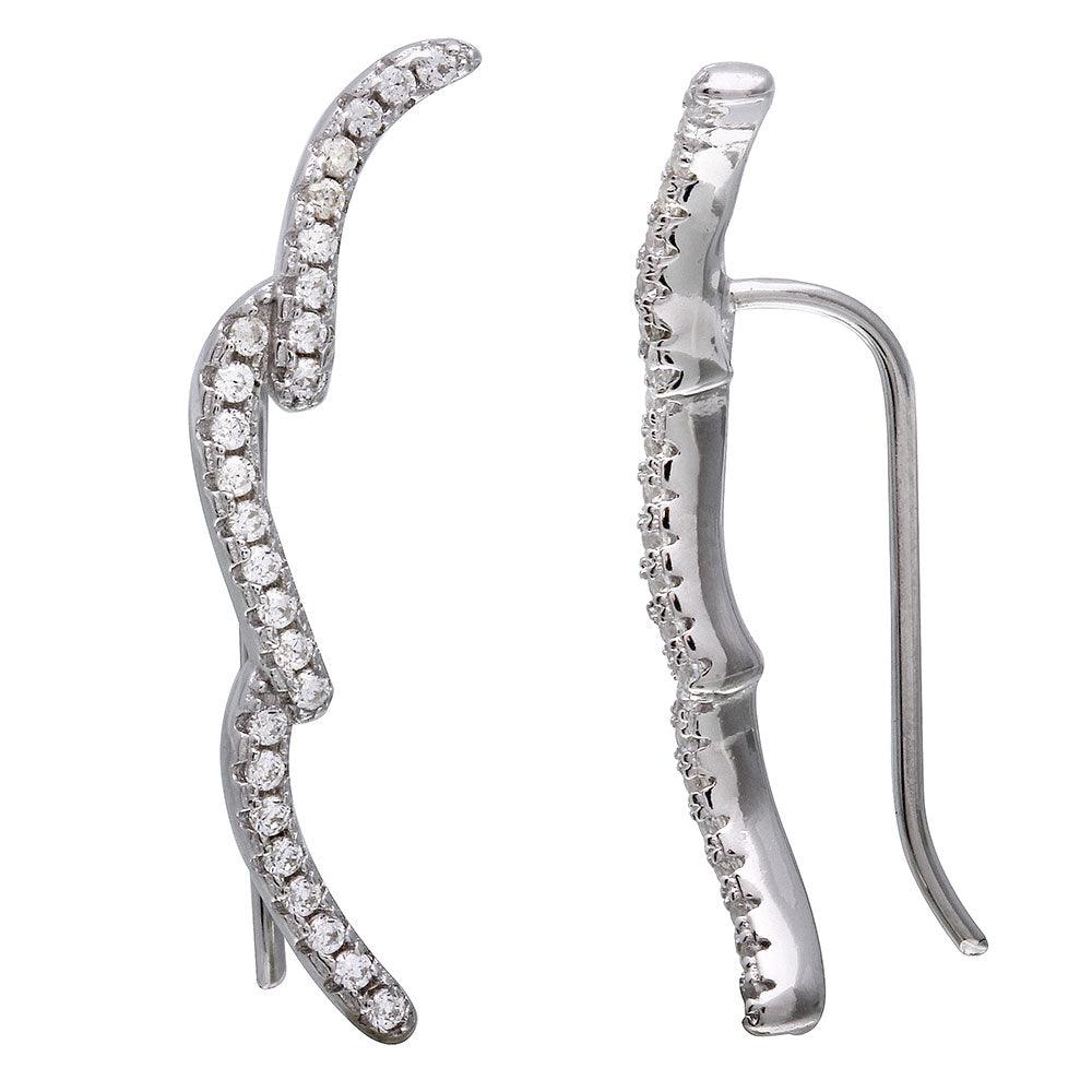925 Sterling Silver Rhodium Plated 3 CZ Waves Climbing Earrings
