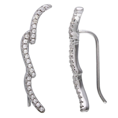 925 Sterling Silver Rhodium Plated 3 CZ Waves Climbing Earrings