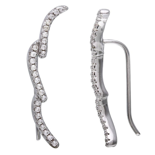 925 Sterling Silver Rhodium Plated 3 CZ Waves Climbing Earrings