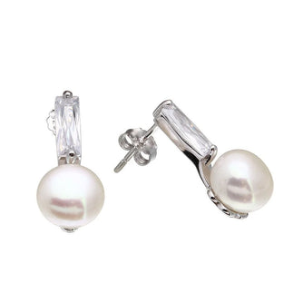 925 Sterling Silver Rhodium Plated CZ and Fresh Water Pearls Earrings
