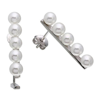 925 Sterling Silver Rhodium Plated Bar with Synthetic Pearls Earrings