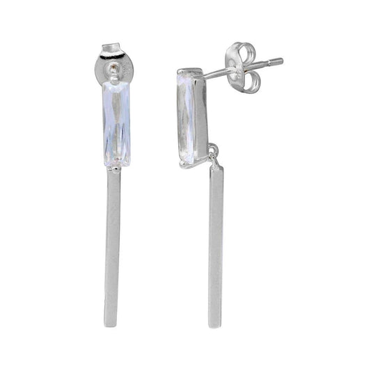 925 Sterling Silver Rhodium Plated Rectangle CZ Earrings with Dangling Bar