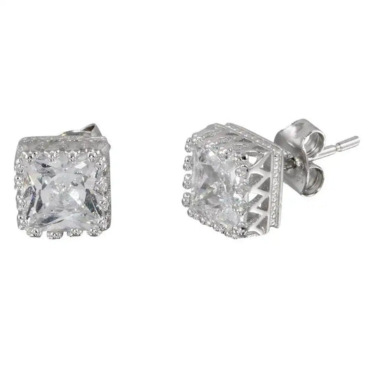 925 Sterling Silver Rhodium Plated Square Solitaire CZ Earrings