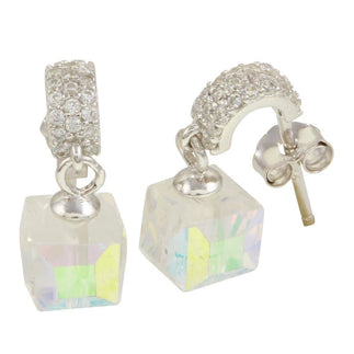 925 Sterling Silver Rhodium Plated Semi huggie hoop Earrings with Dangling Cube