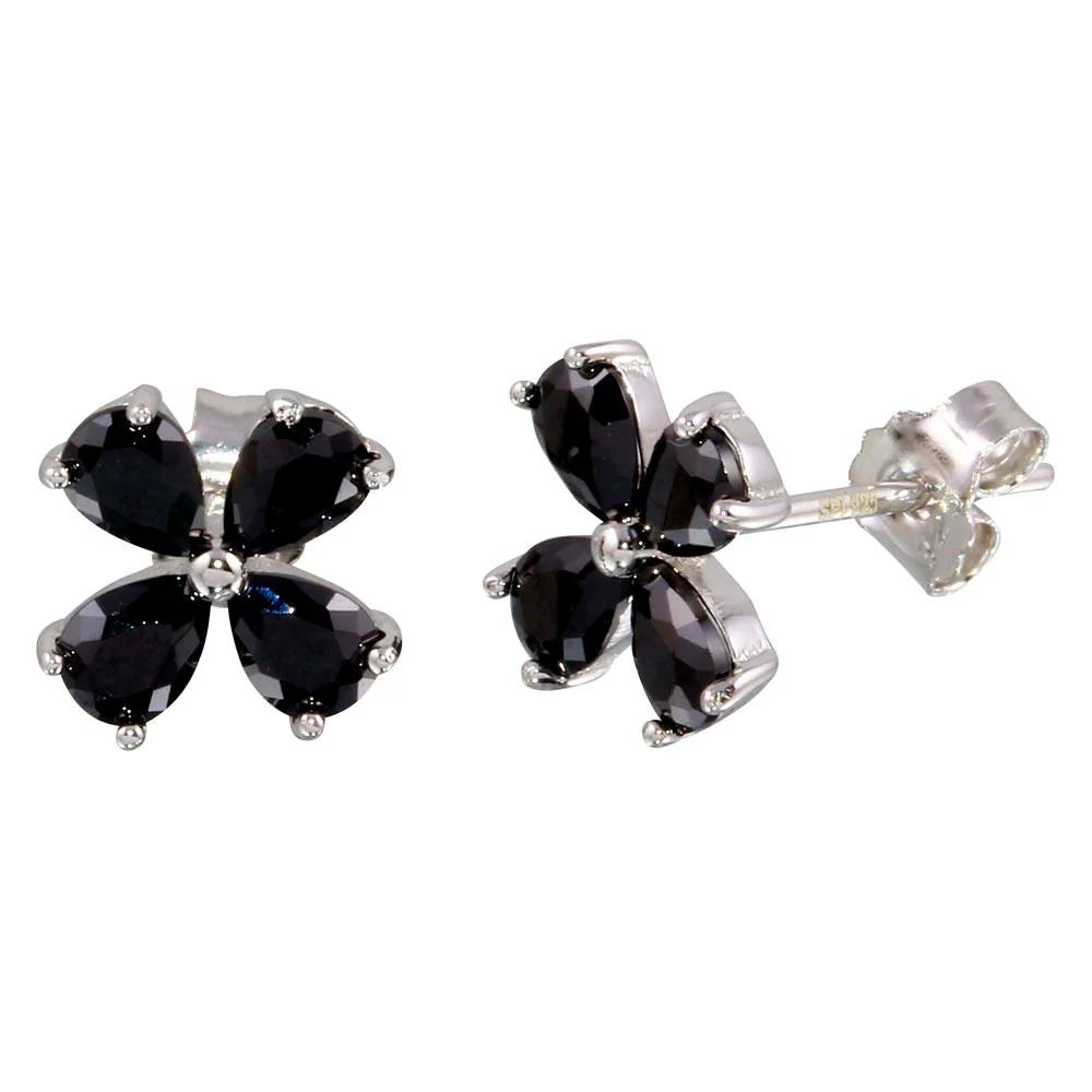 925 Sterling Silver Rhodium Plated Black Flower CZ Earrings