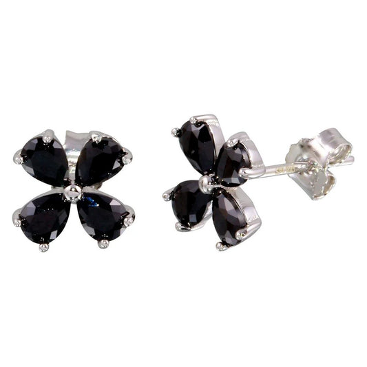 925 Sterling Silver Rhodium Plated Black Flower CZ Earrings