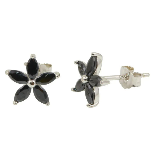 925 Sterling Silver Rhodium Plated Black Five Petal Flower Earrings