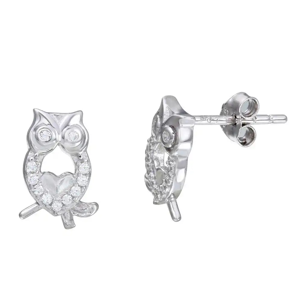925 Sterling Silver Rhodium Plated Owl CZ Stud Earrings