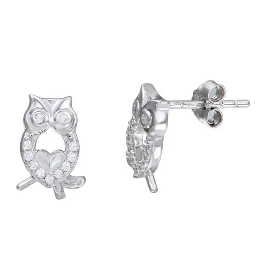 925 Sterling Silver Rhodium Plated Owl CZ Stud Earrings