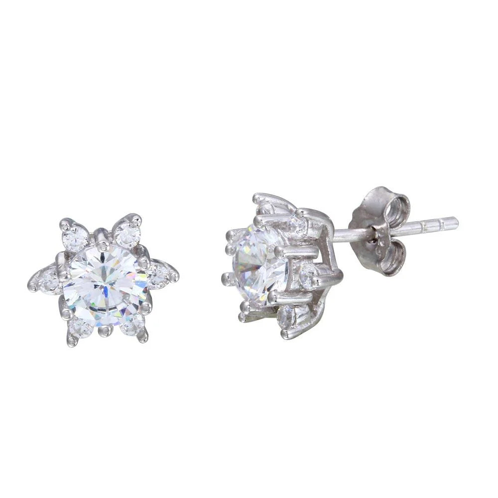 925 Sterling Silver Rhodium Plated CZ Snow Flakes Stud Earrings