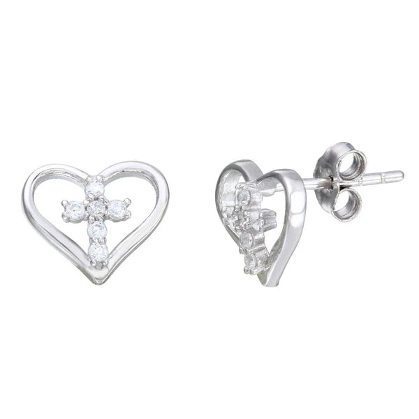 925 Sterling Silver Rhodium Plated Cross in Heart Stud Earrings