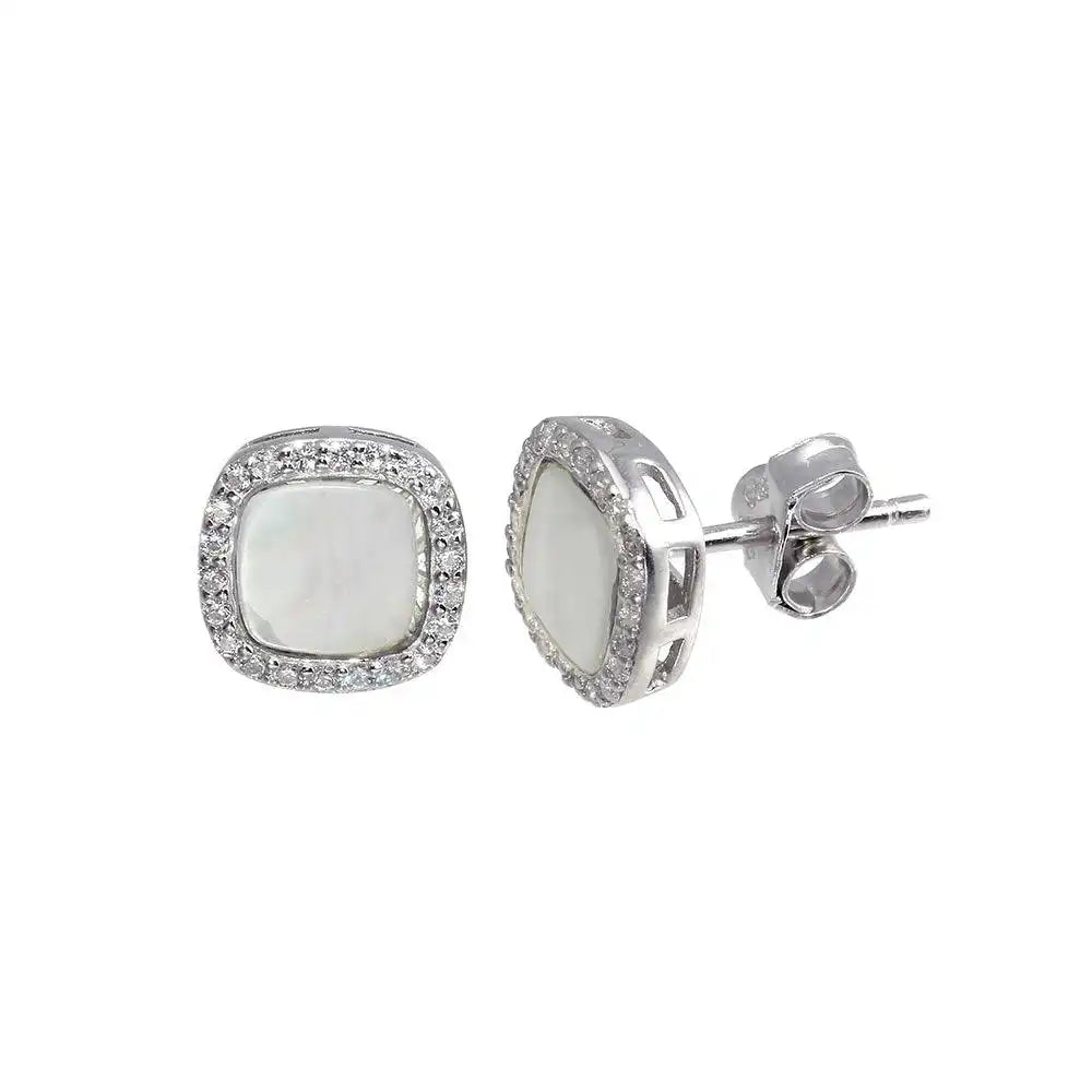 925 Sterling Silver Rhodium Plated Square Opal Stud Earring with CZ