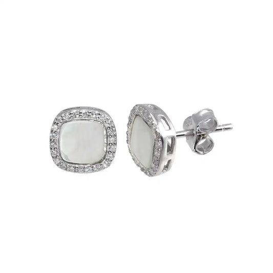 925 Sterling Silver Rhodium Plated Square Opal Stud Earring with CZ
