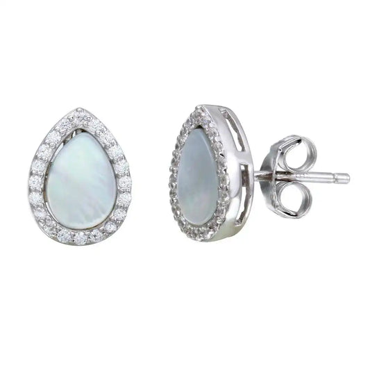 925 Sterling Silver Rhodium Plated Teardrop Shaped Opal Stud Earrings with Clear CZ Stones