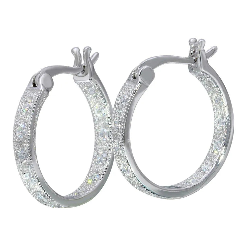 925 Sterling Silver Rhodium Plated Inner and Outer CZ Hoop Earrings