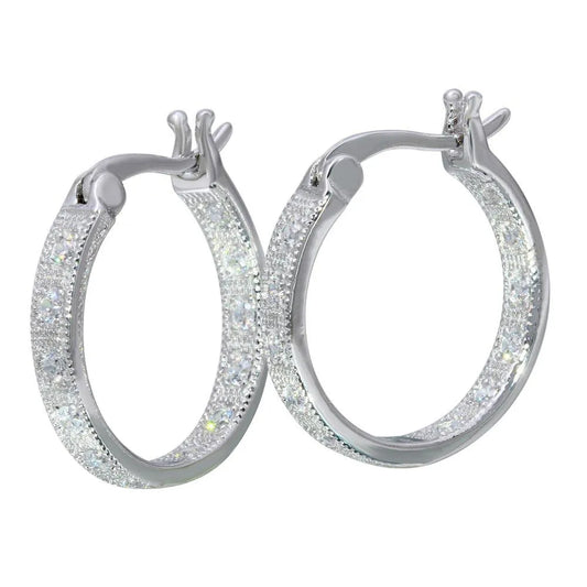 925 Sterling Silver Rhodium Plated Inner and Outer CZ Hoop Earrings