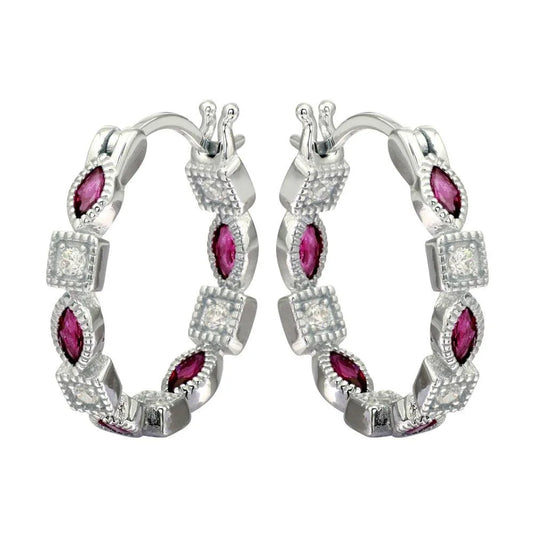925 Sterling Silver Rhodium Plated Inner and Outer Red Clear CZ Hoop Earrings