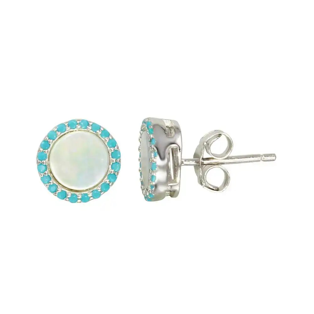 925 Sterling Silver Rhodium Plated Round Opal Stud Earrings with Blue CZ Stones