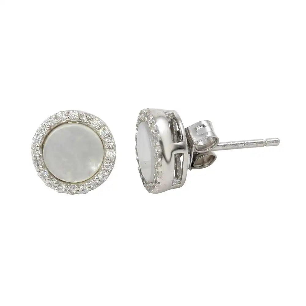 925 Sterling Silver Rhodium Plated Round Opal Stud Earrings with Clear CZ Stones