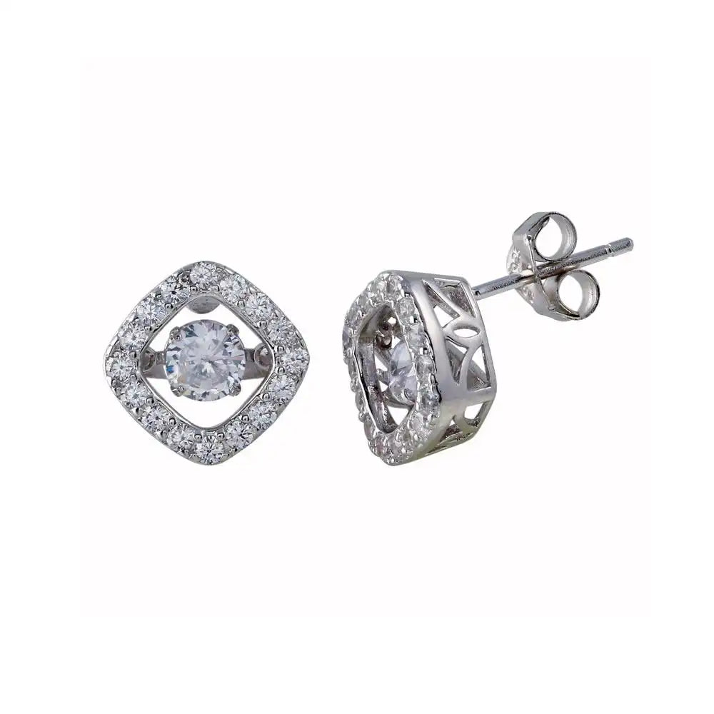 925 Sterling Silver Rhodium Plated Square Dancing CZ Stud Earrings