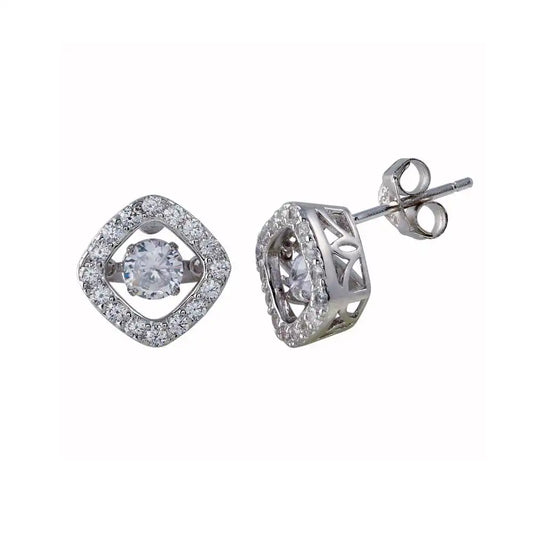 925 Sterling Silver Rhodium Plated Square Dancing CZ Stud Earrings