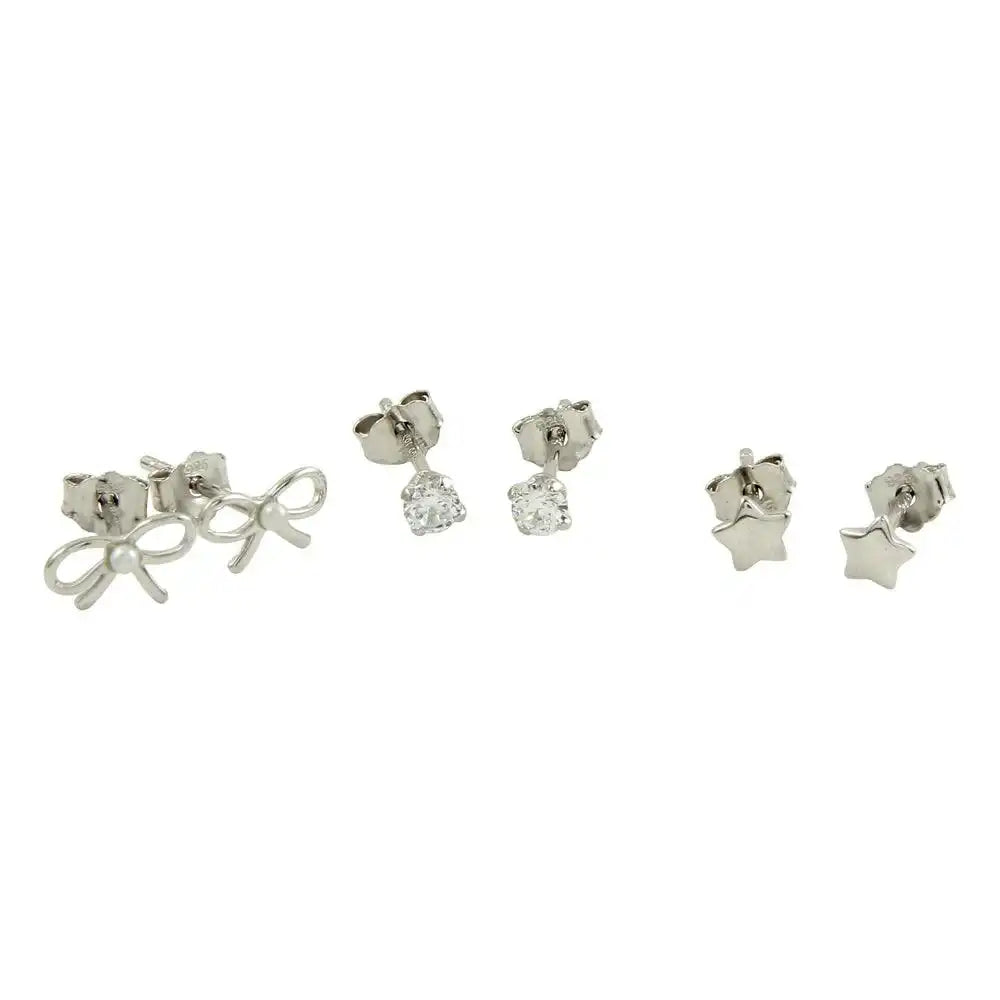 925 Sterling Silver Rhodium Plated Ribbon, Star, and CZ Stud Earring Set