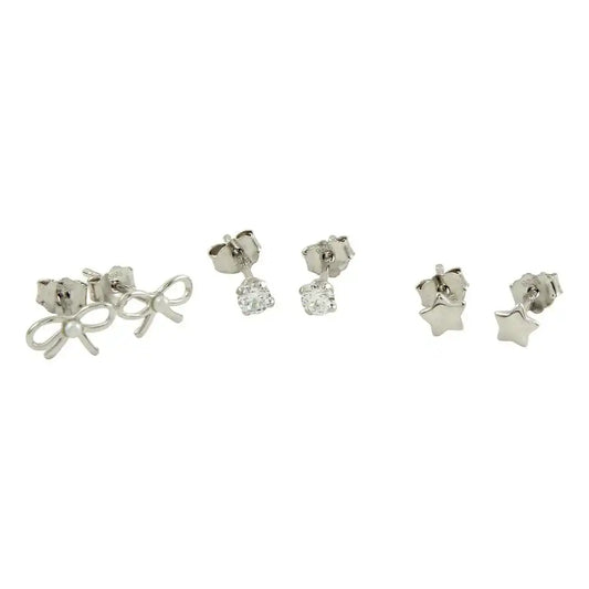 925 Sterling Silver Rhodium Plated Ribbon, Star, and CZ Stud Earring Set