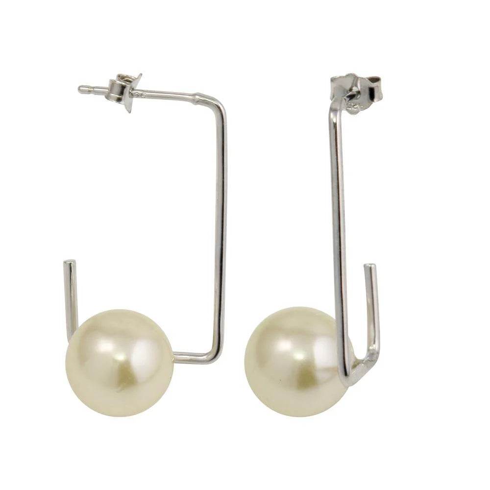 925 Sterling Silver Rhodium Plated Rectangular Dangling Earrings with Pearl