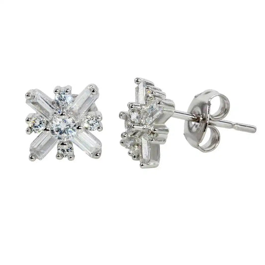 925 Sterling Silver Rhodium Plated CZ Snow Flakes Earrings