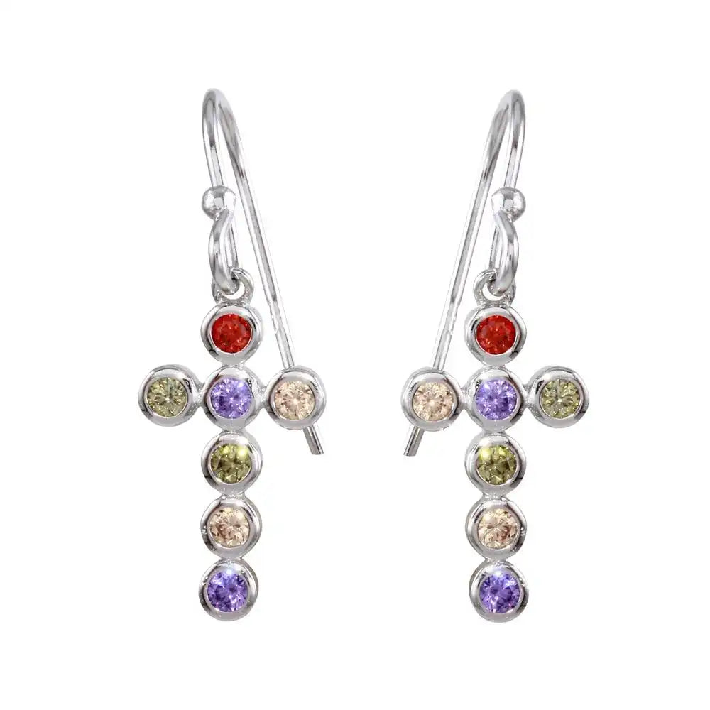925 Sterling Silver Rhodium Plated Multi-Colored CZ Cross Earrings