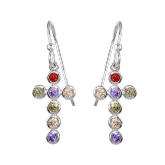 925 Sterling Silver Rhodium Plated Multi-Colored CZ Cross Earrings