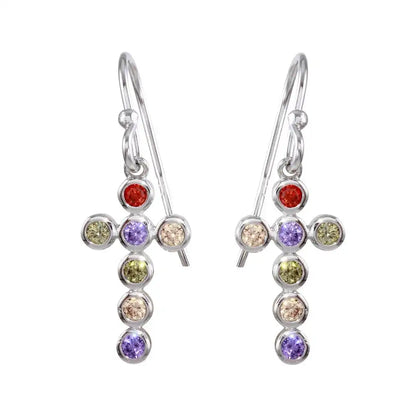 925 Sterling Silver Rhodium Plated Multi-Colored CZ Cross Earrings