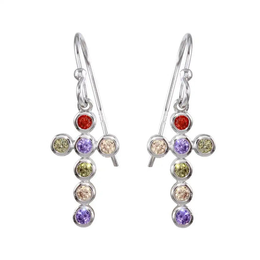 925 Sterling Silver Rhodium Plated Multi-Colored CZ Cross Earrings