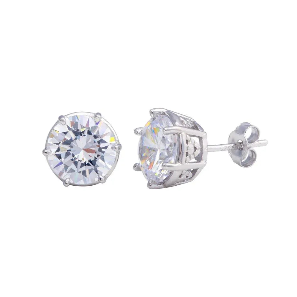 925 Sterling Silver Rhodium Plated Crown Setting CZ Stud Earrings