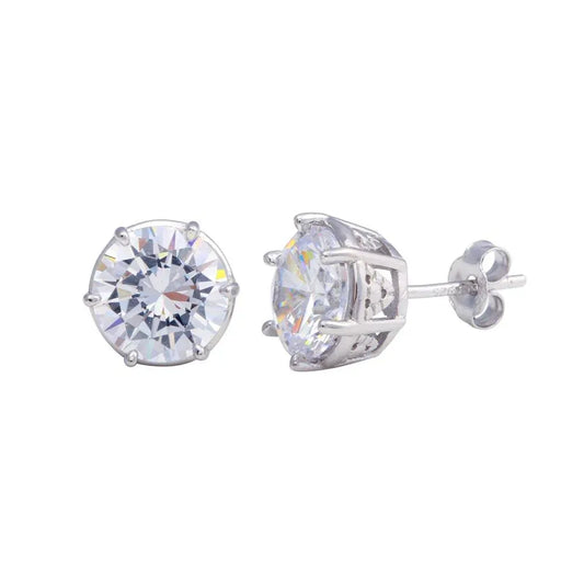 925 Sterling Silver Rhodium Plated Crown Setting CZ Stud Earrings