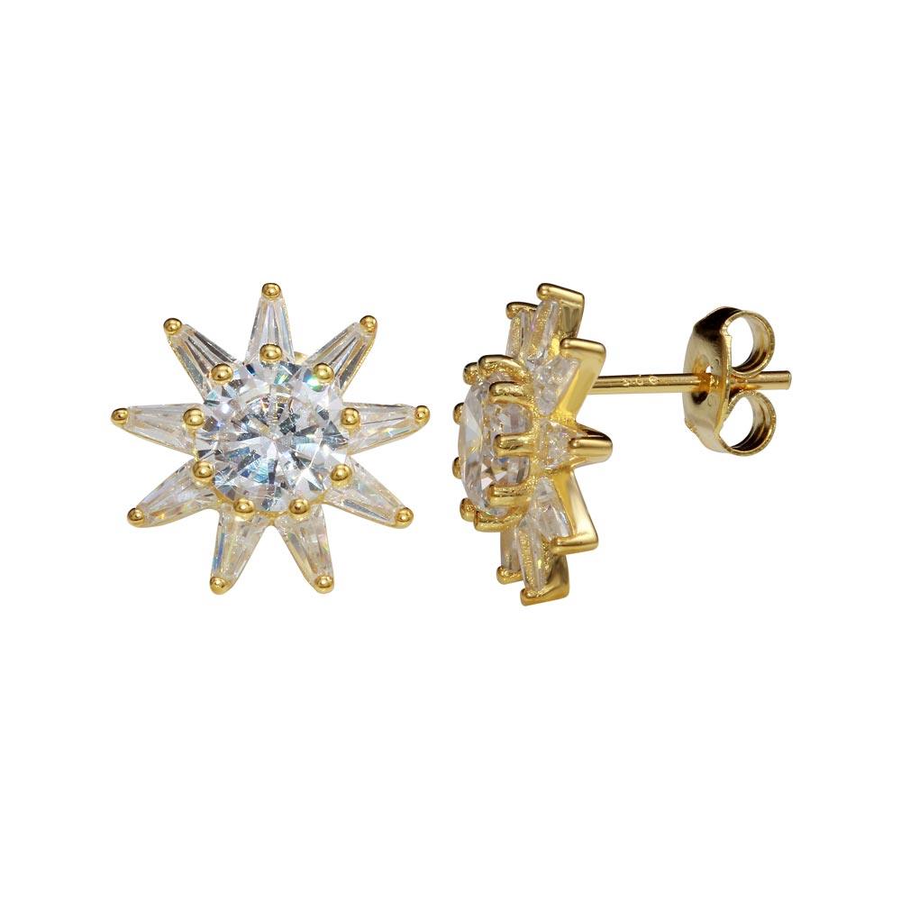 925 Sterling Silver Gold Plated CZ Sun Stud Earrings