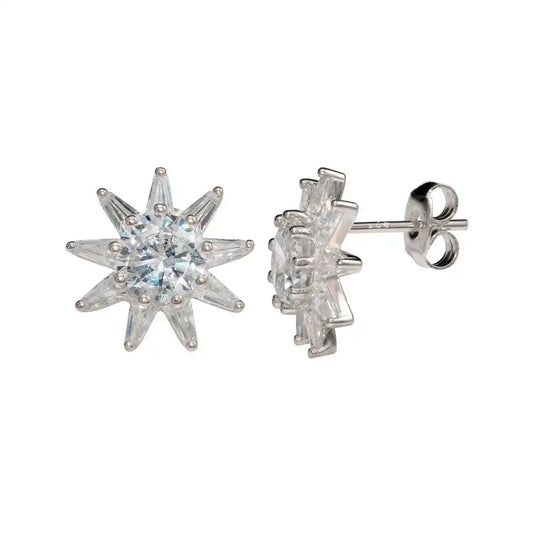 925 Sterling Silver Rhodium Plated CZ Sun Stud Earrings